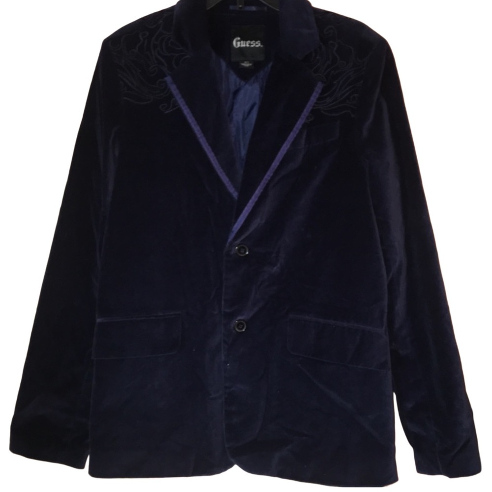 GUESS Blue Velour Vintage Embroidered Blazer size M